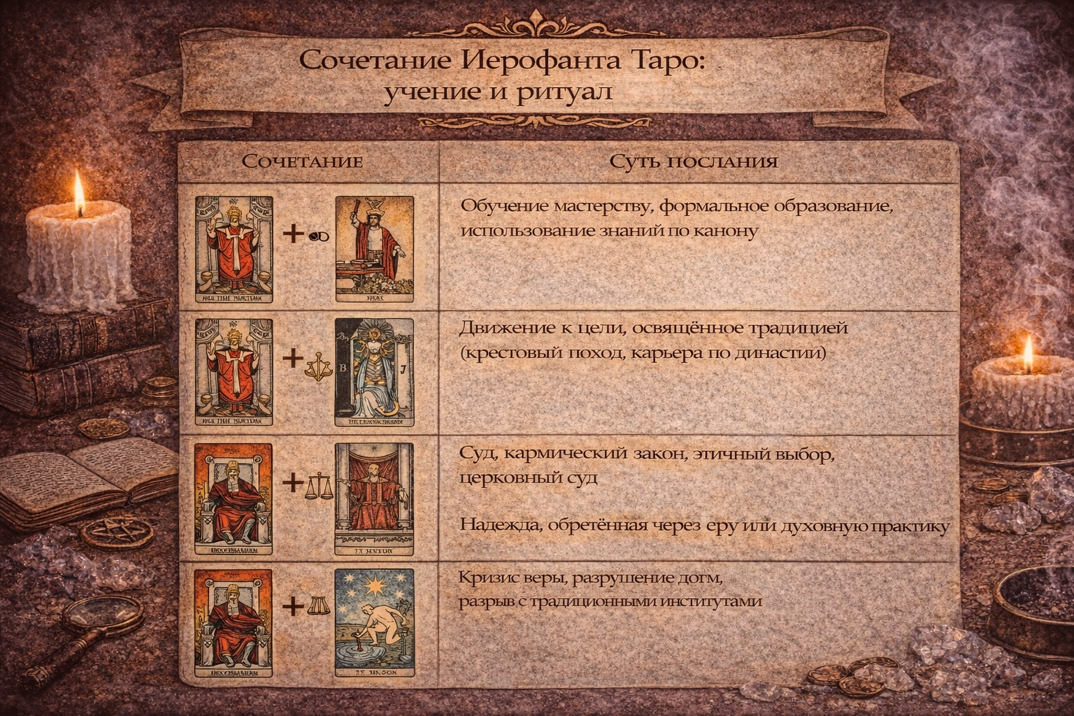 Таблица сочетаний карты Иерофант в Таро с другими арканами: толкование традиции и духовности.