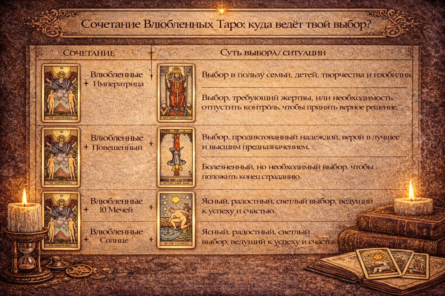 Таблица сочетаний карты Влюбленные в Таро с другими арканами: толкование выбора и союзов.