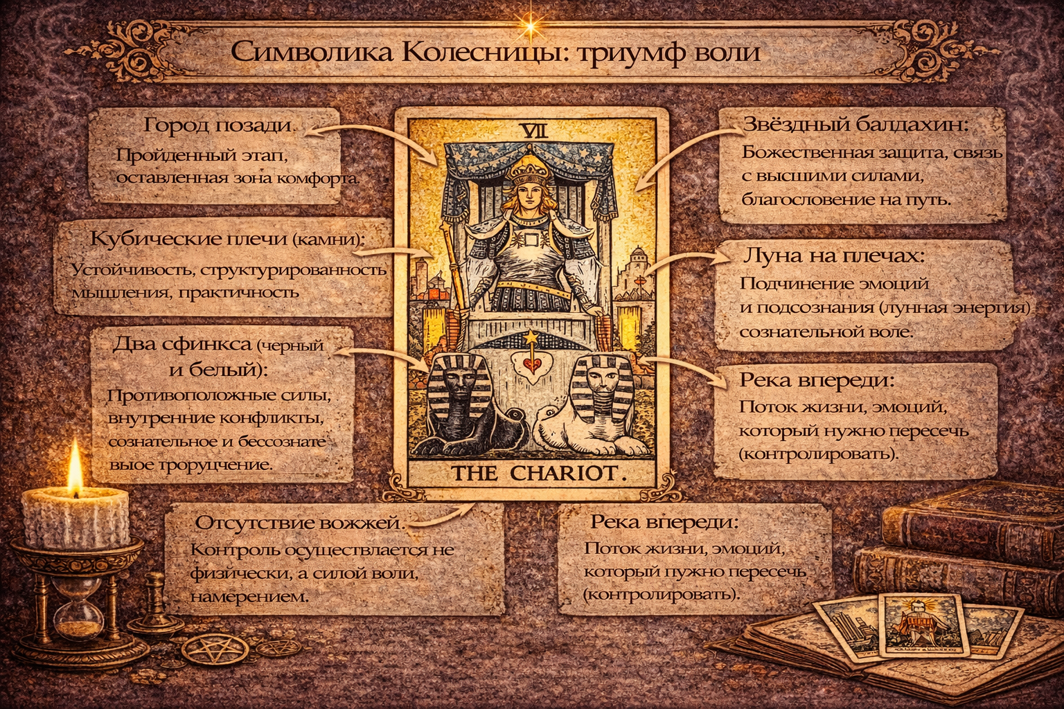 Символика и детали карты Колесница (старший аркан 7) в Таро Райдера-Уэйта: значение элементов воли и контроля.