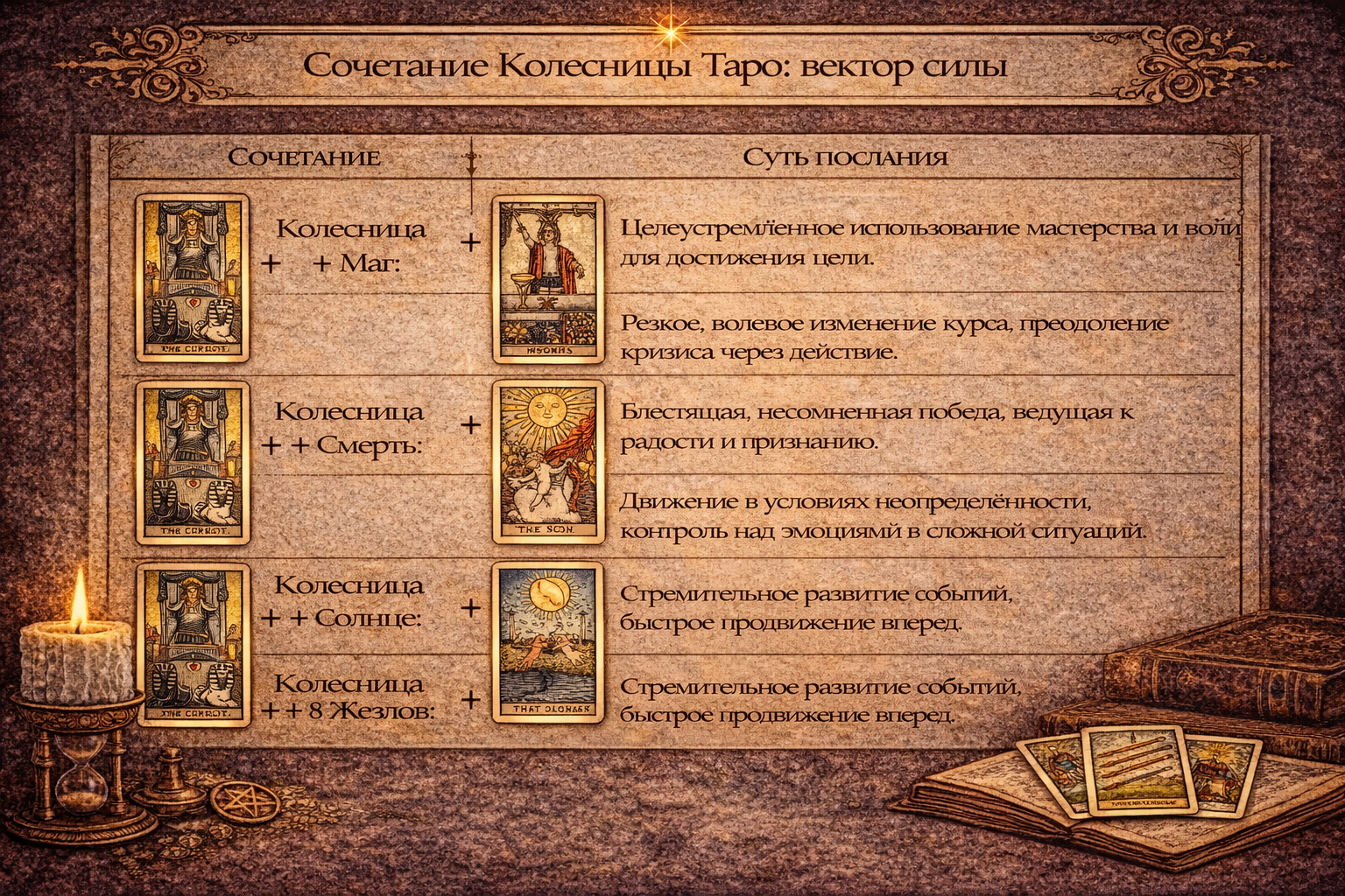 Таблица сочетаний карты Колесница в Таро с другими арканами: толкование воли, победы и движения.