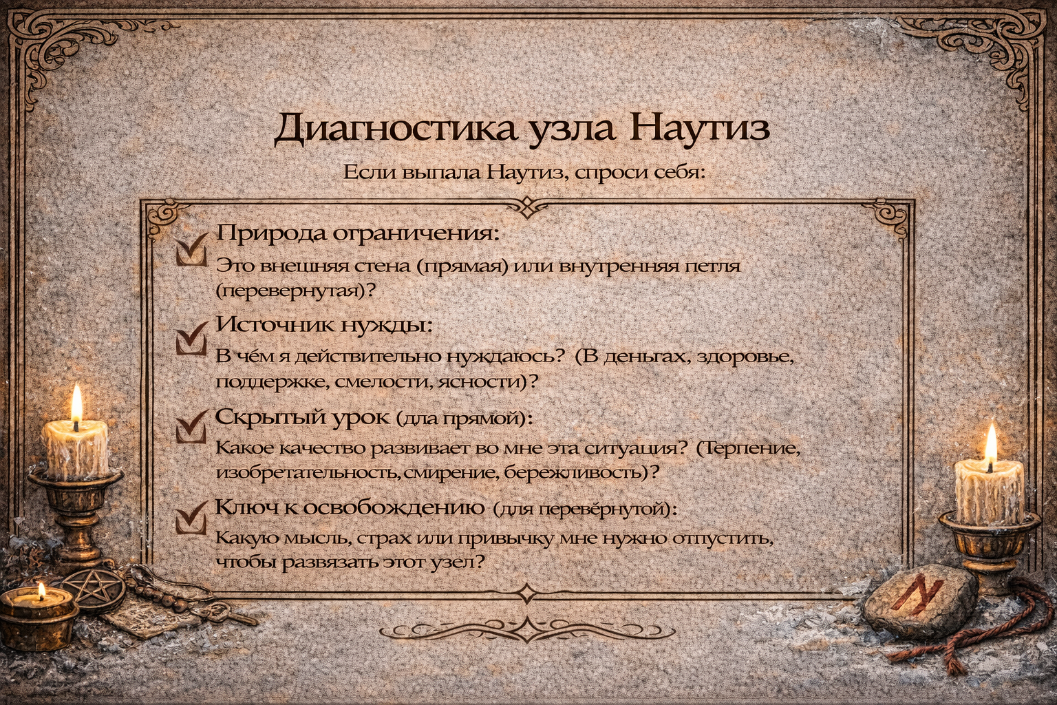 как толковать руну наутиз - чек-лист для анализа нужды, ограничения и поиска ресурса.