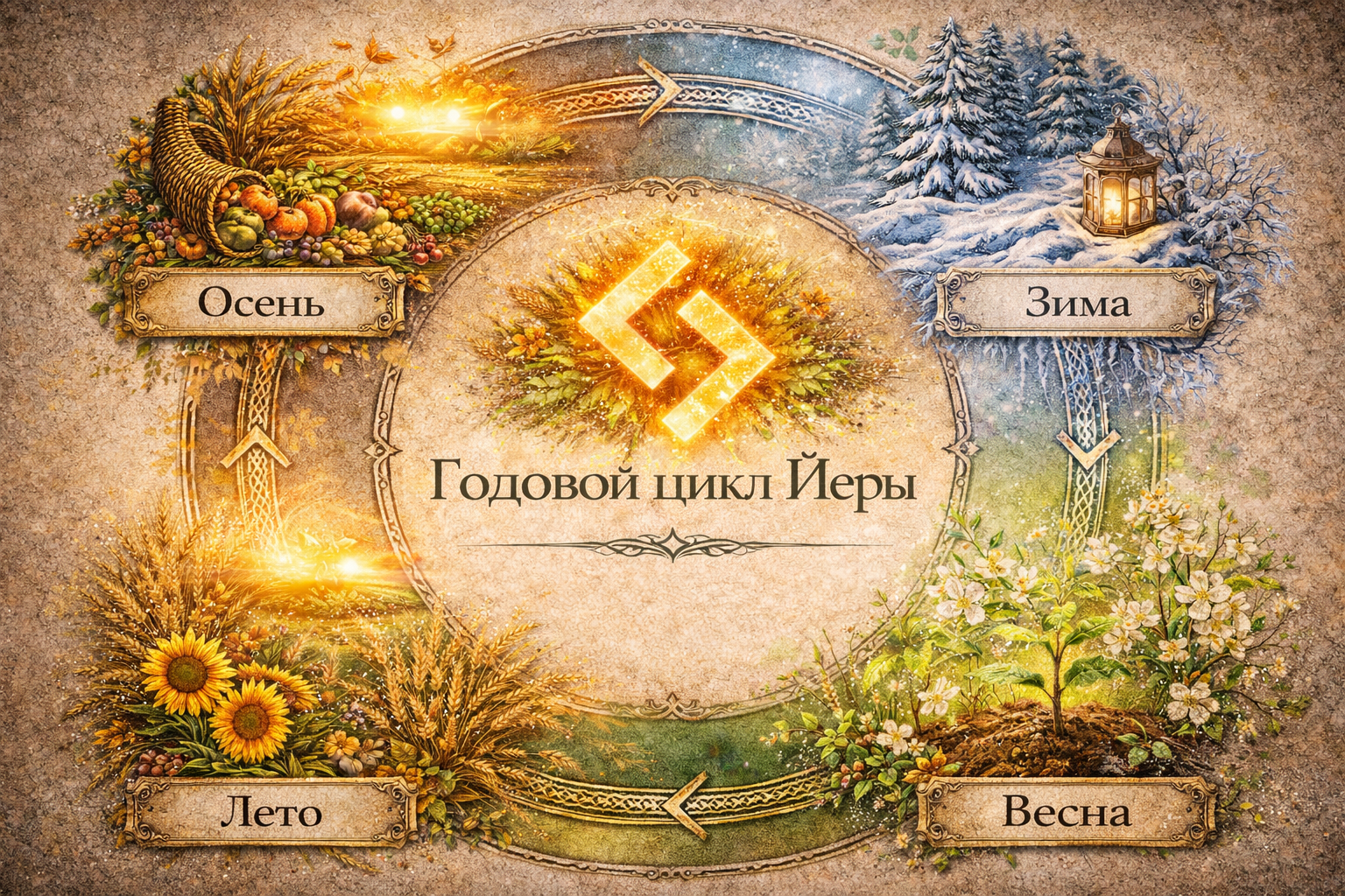 руна йера (йер) значение - схема годового цикла, урожая, завершения и справедливого воздаяния.