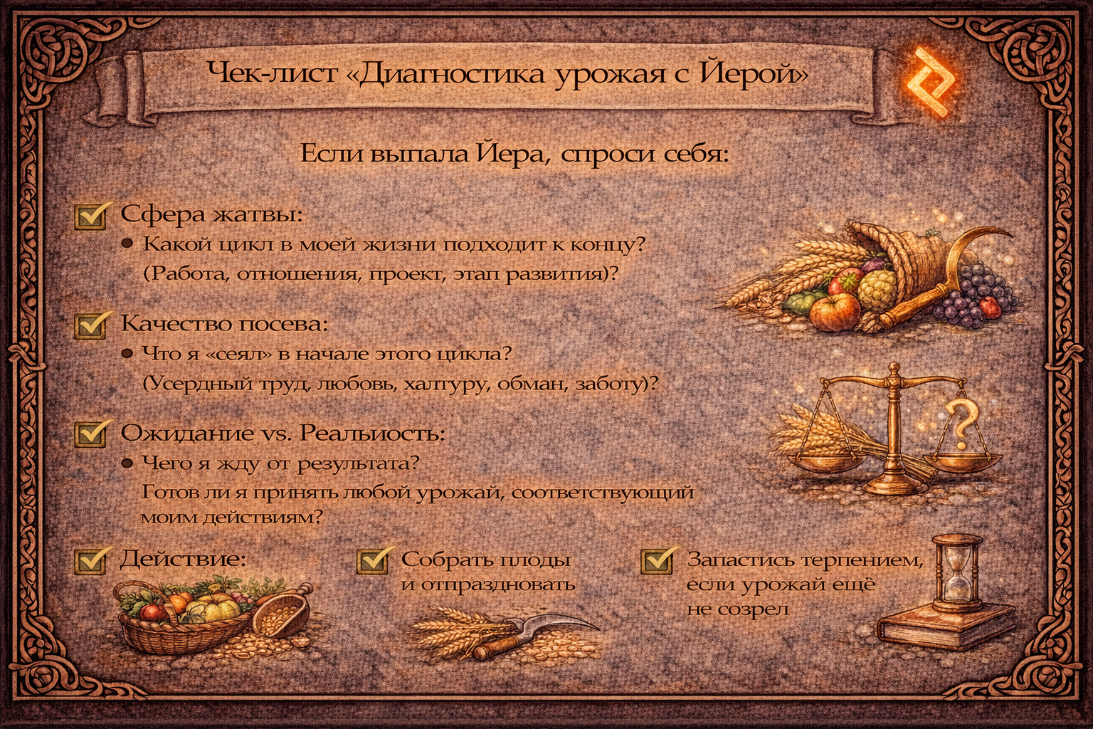 как толковать руну йера - чек-лист для анализа завершения цикла, урожая и кармического воздаяния.