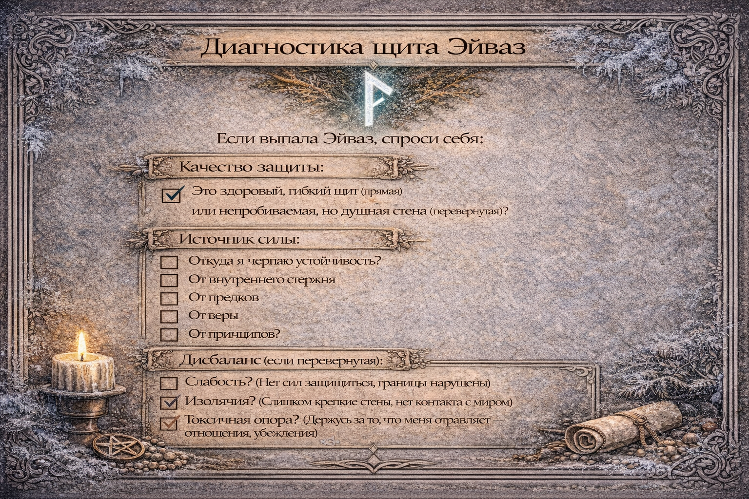 как толковать руну эйваз - чек-лист для анализа защиты, внутренней силы и границ.