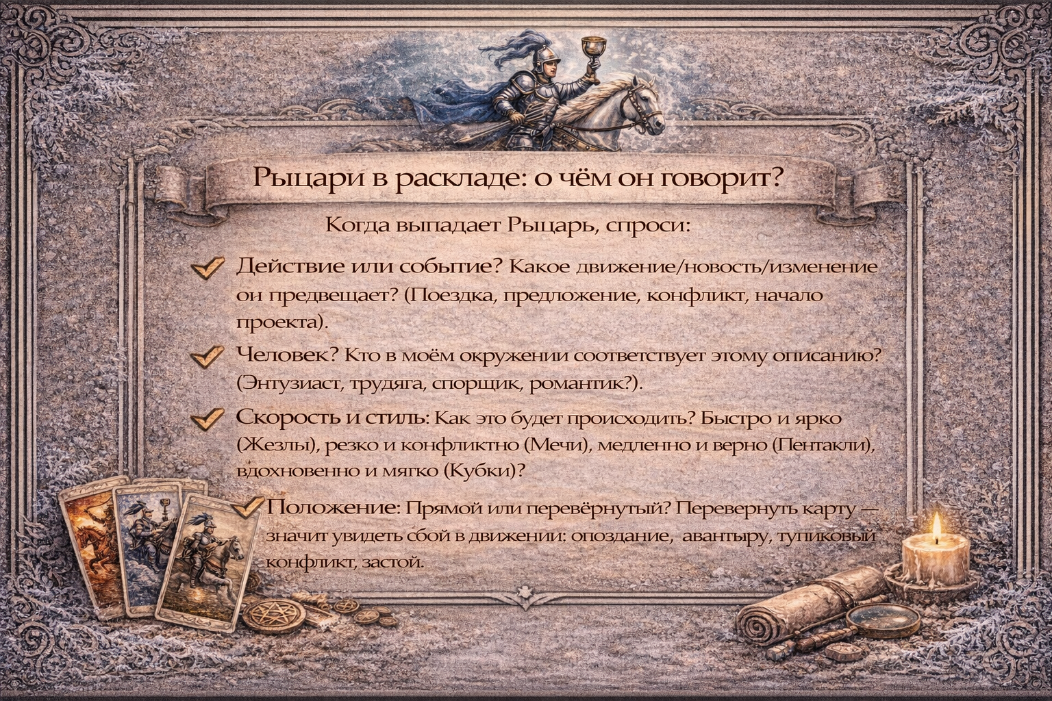 как толковать рыцарей таро в раскладе - чек-лист для определения значения карты действия.