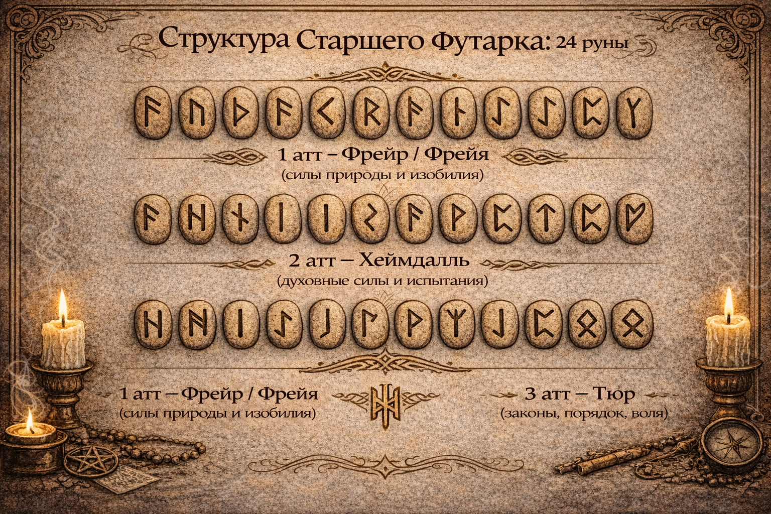 Структура и деление Старшего Футарка: три атта скандинавских рун.