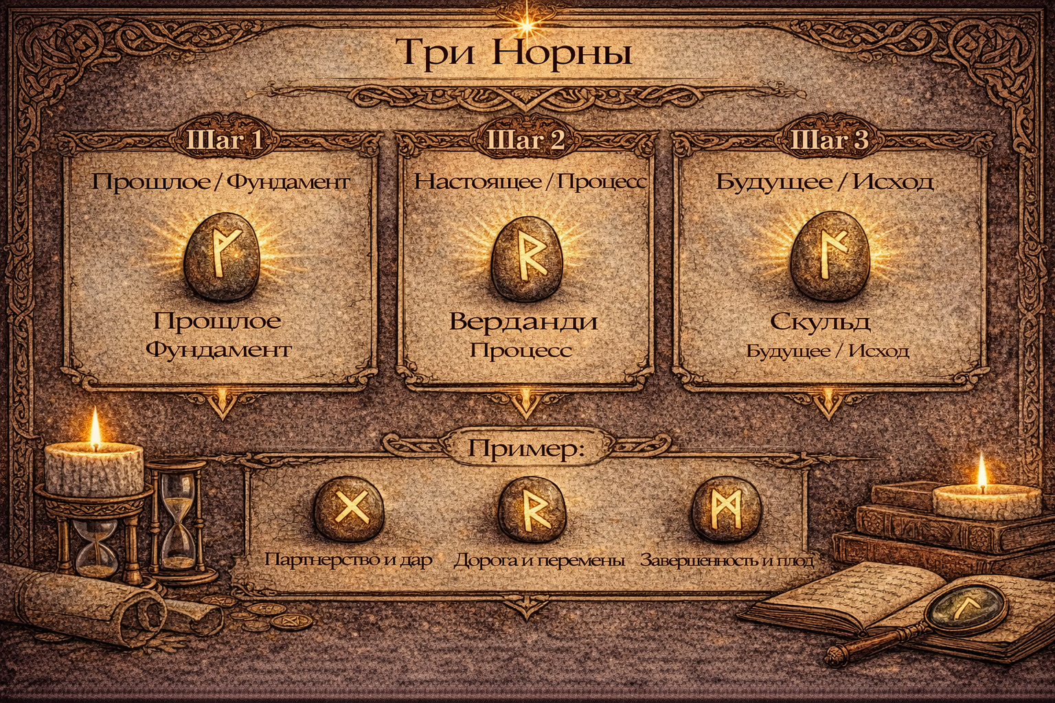 Схема рунического расклада Три Норны: прошлое, настоящее, будущее.