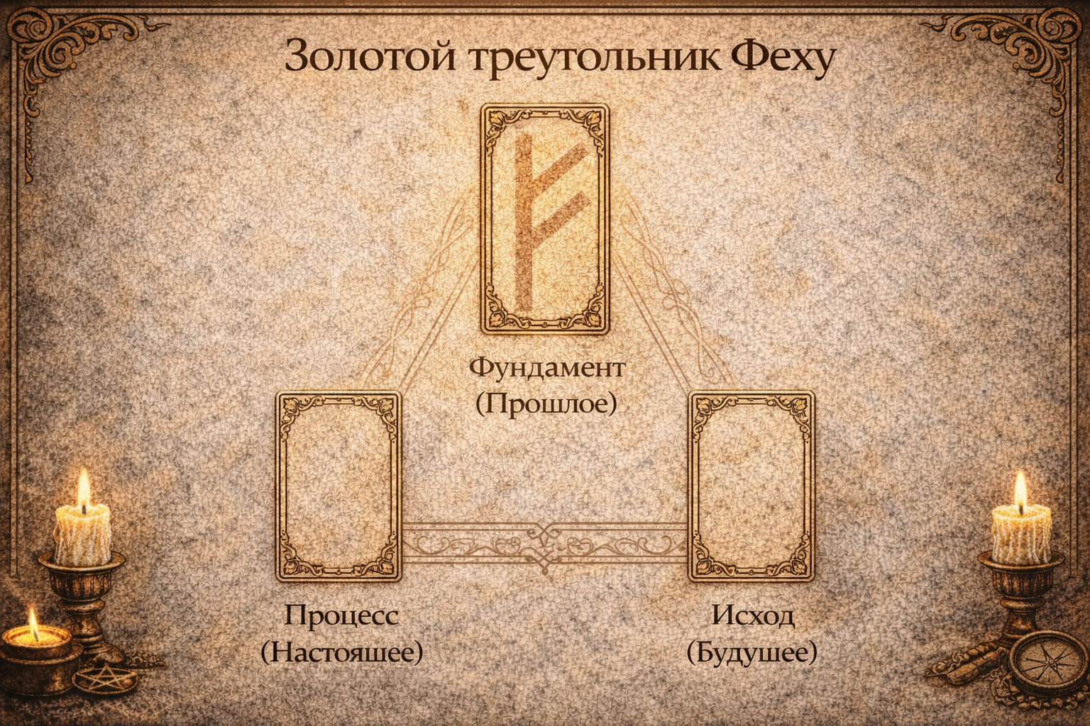 Схема рунического расклада Золотой треугольник Феху для анализа финансовой ситуации.