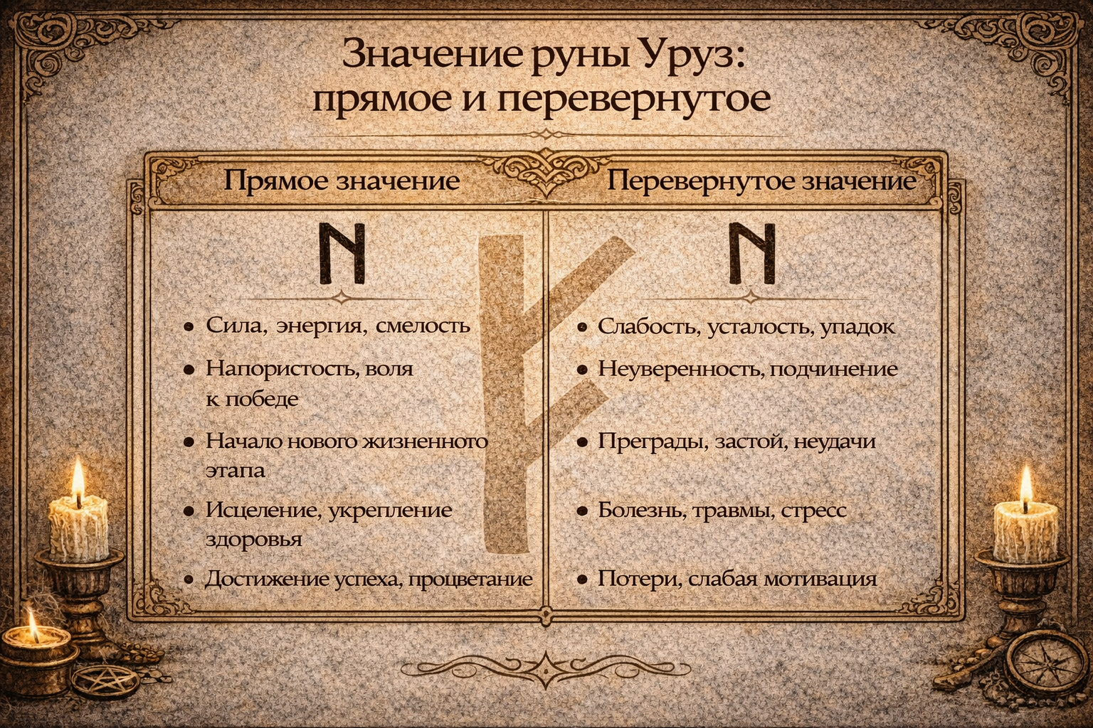 Прямое и перевернутое значение руны Уруз в гадании: таблица сравнения.