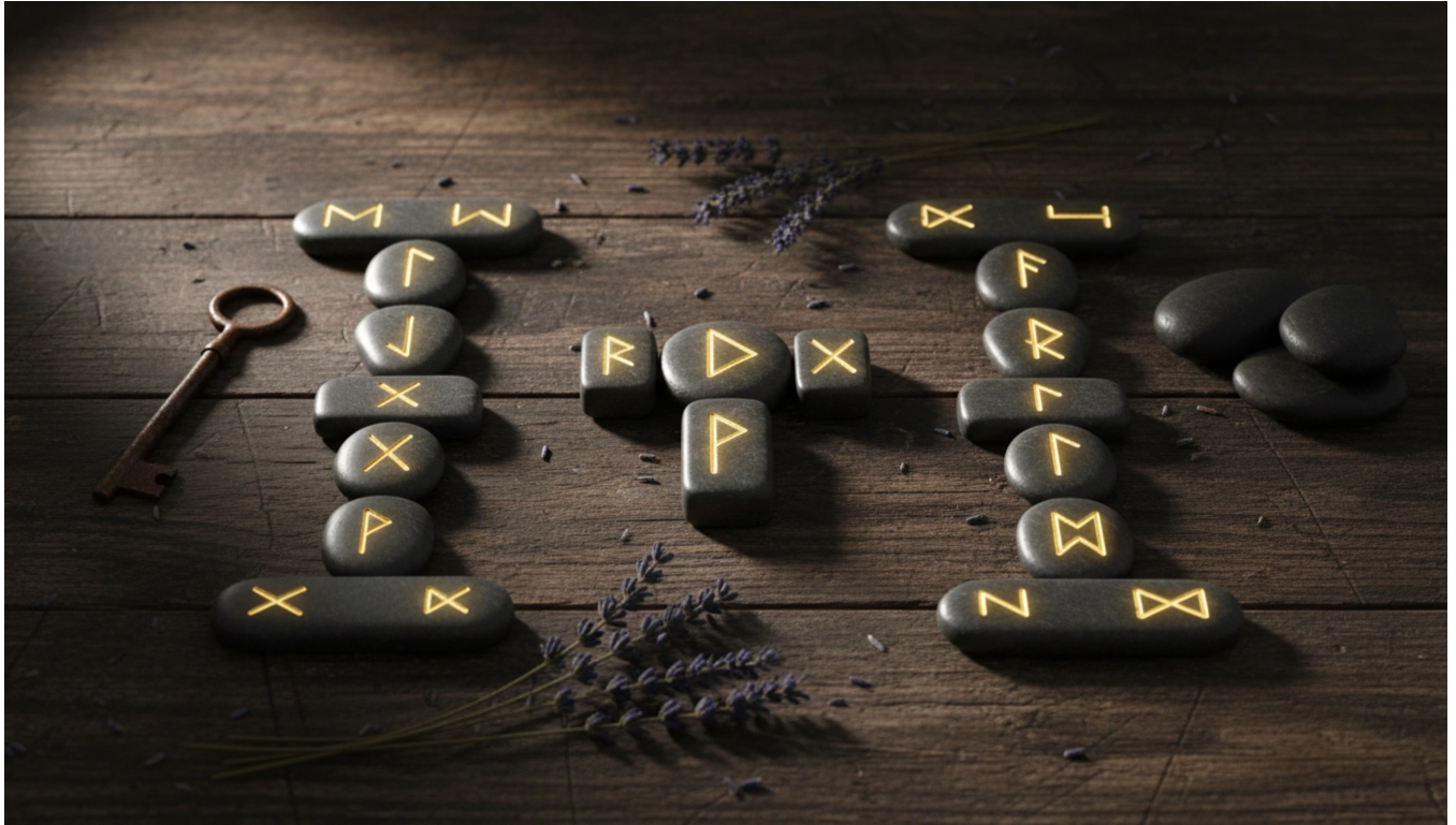 Схема рунического расклада Врата и Молот для анализа испытаний и принятия решений с руной Турисаз.