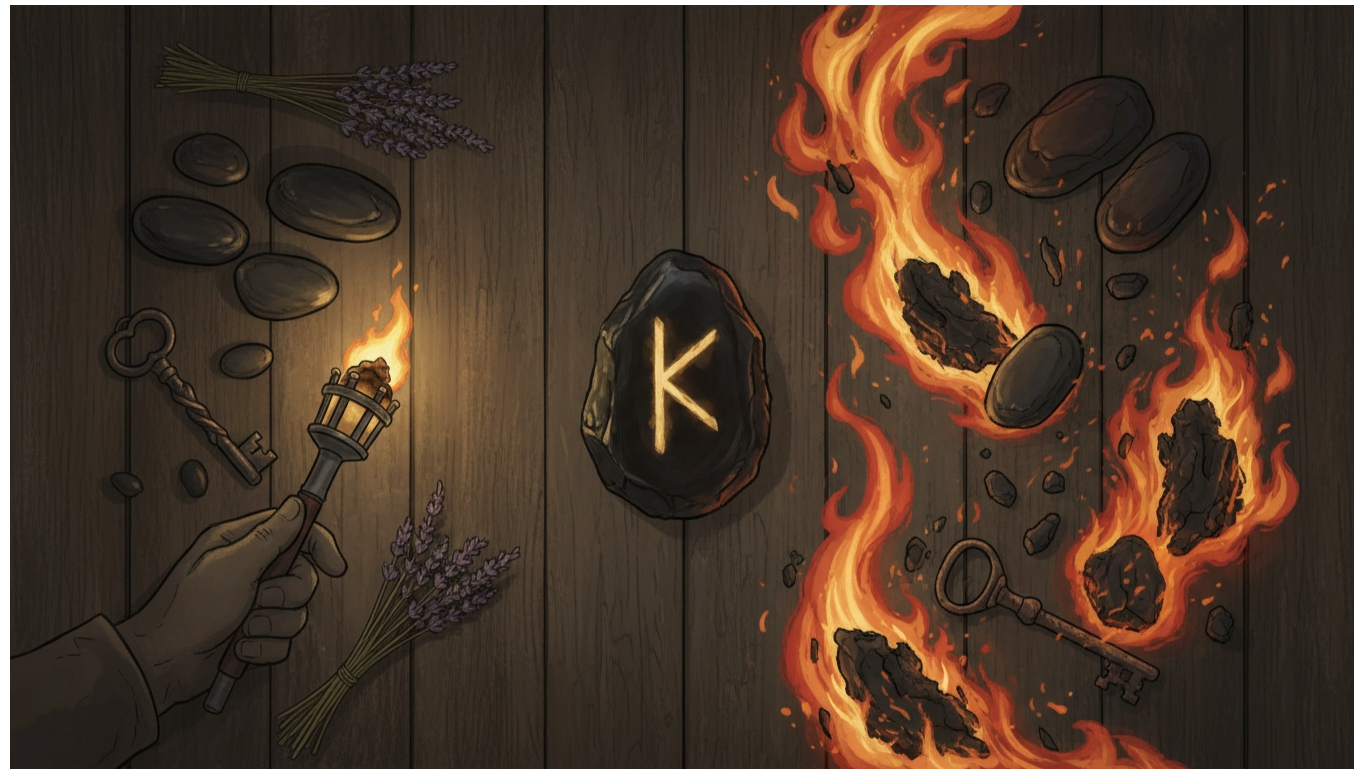 руна кано (кеназ) значение - схема прямого и перевернутого огня, свет, факел, энергия.