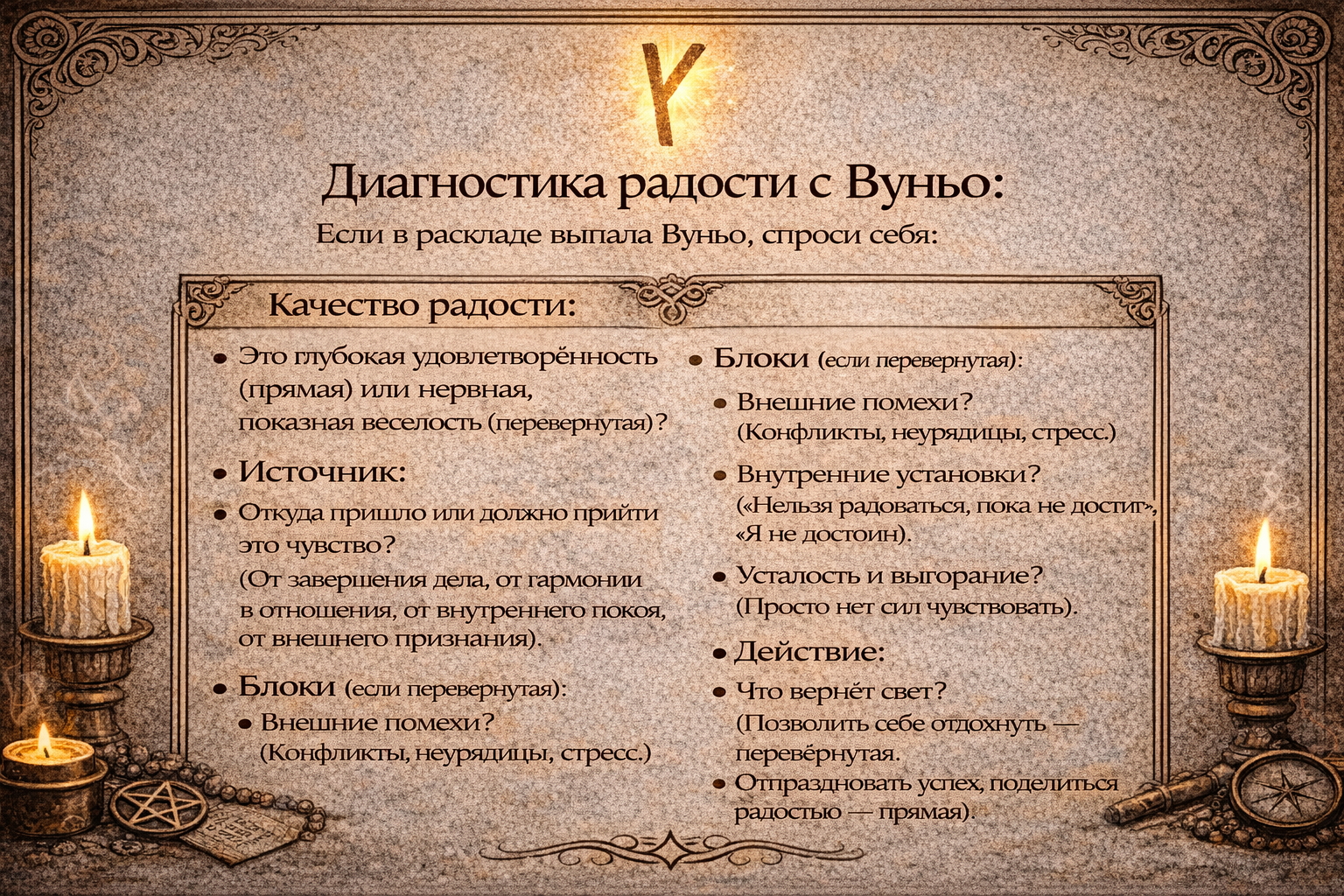 как толковать руну вуньо - чек-лист для понимания значения радости и счастья в раскладе.