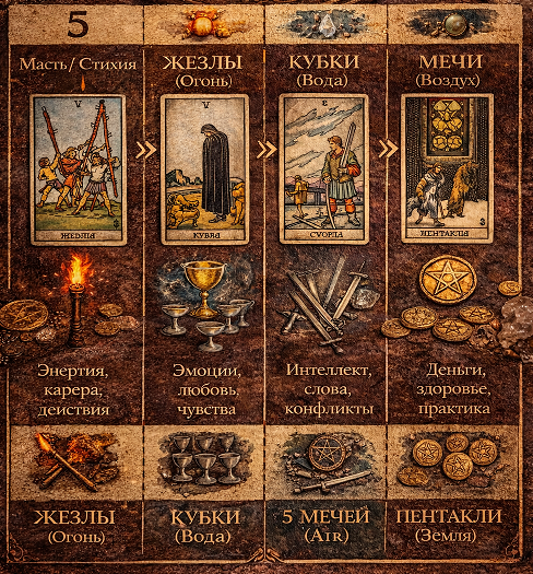 Интерпретация карт таро - сравнение значения числа 5 в мастях жезлов, кубков, мечей и пентаклей