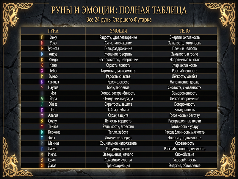 Таблица соответствия рун и эмоций для гадания на эмоциональное состояние человека.
