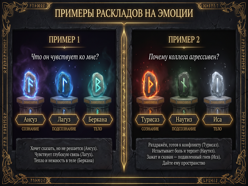 Два примера раскладов на рунах на эмоциональное состояние с расшифровкой.