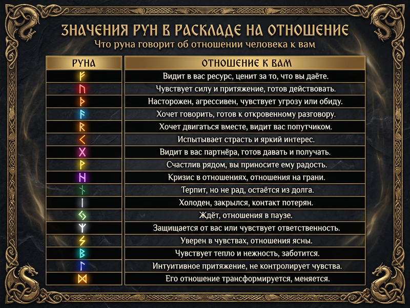 Краткая таблица значений рун для расклада на отношение человека.