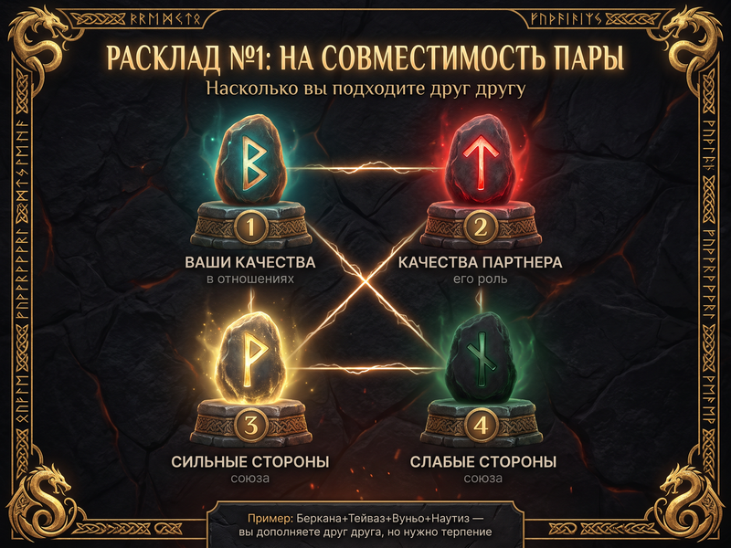 Схема расклада на совместимость пары — 4 позиции.