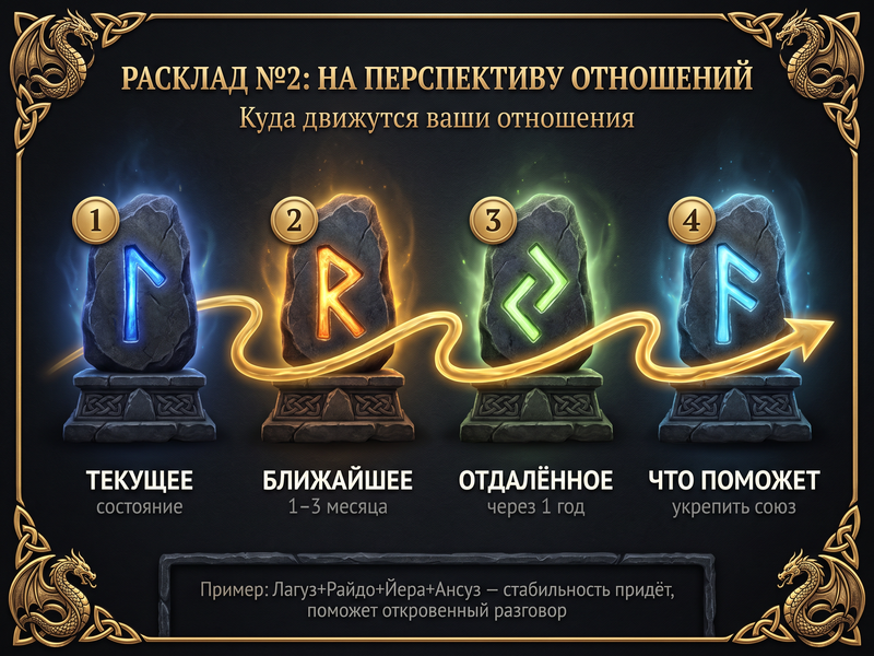Схема расклада на перспективу отношений — 4 позиции.