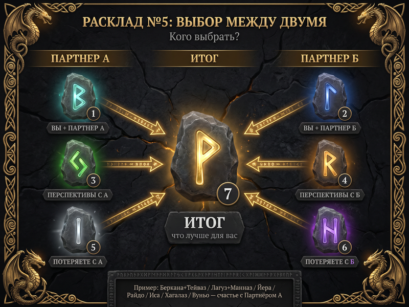 Схема расклада «Выбор между двумя» — 7 позиций.