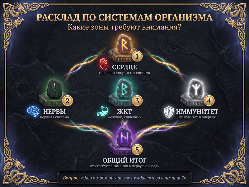 Схема расклада по системам организма — 5 позиций.