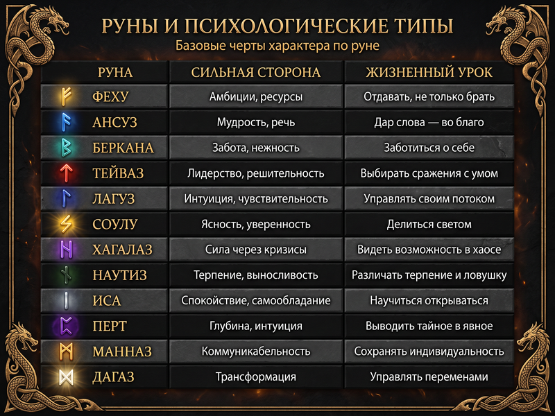 Таблица соответствия рун и психологических типов для составления портрета.