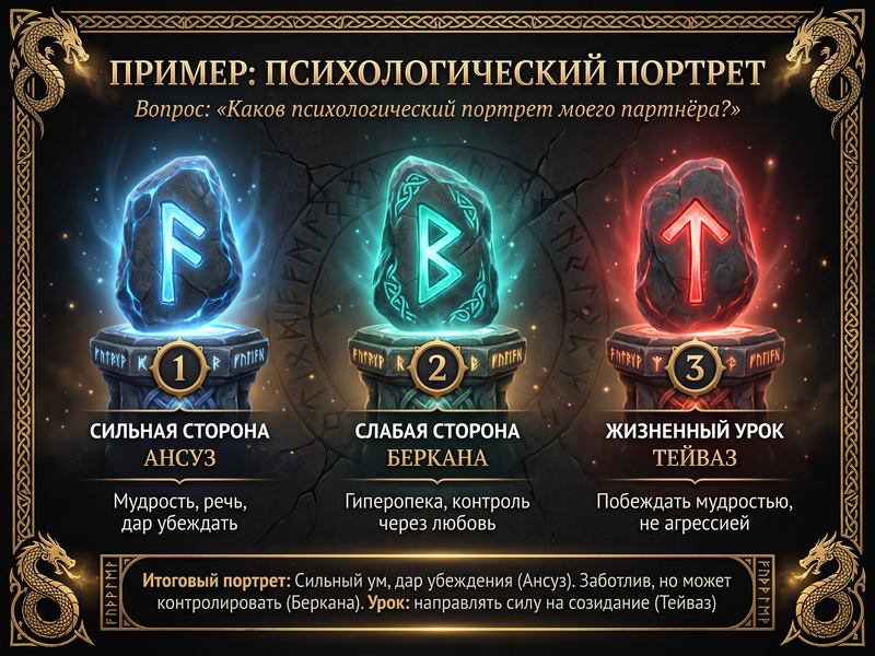 Пример психологического портрета по рунам с расшифровкой по позициям.