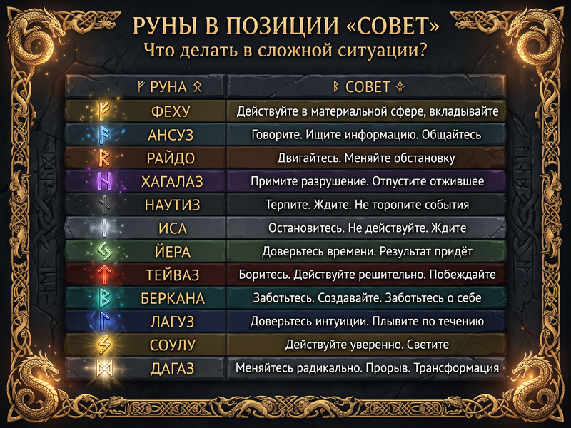 Краткая таблица значений рун в позиции «Совет».