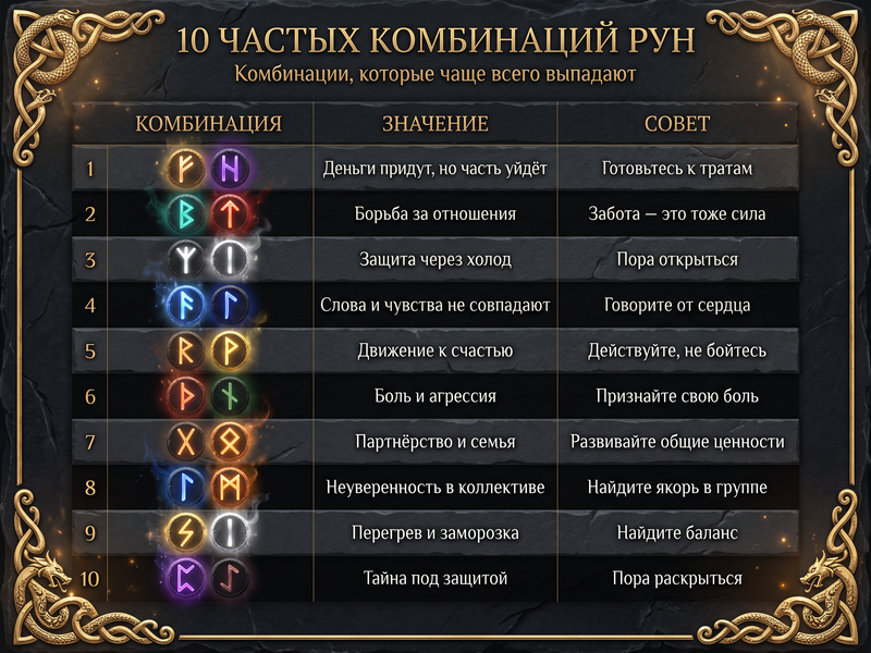 Таблица 10 частых комбинаций рун с краткими значениями.