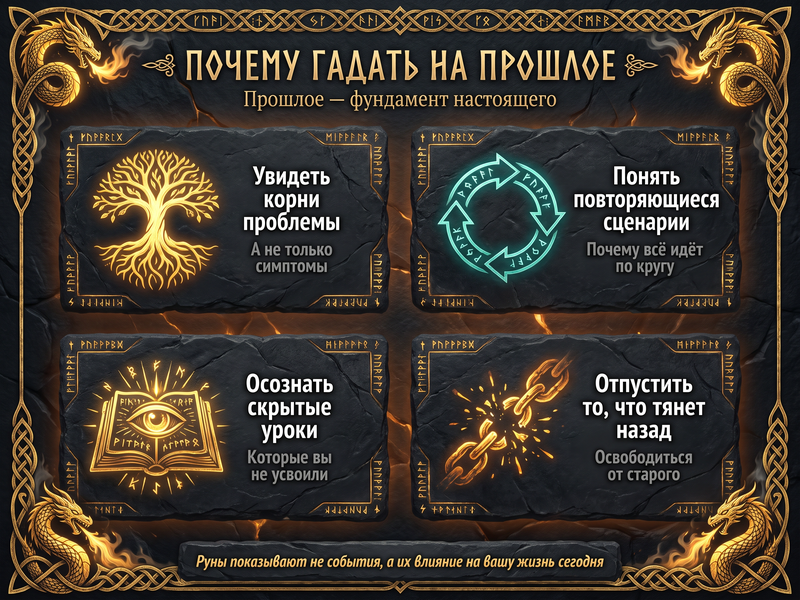 Схема «Почему важно гадать на прошлое» — 4 причины с иконками.