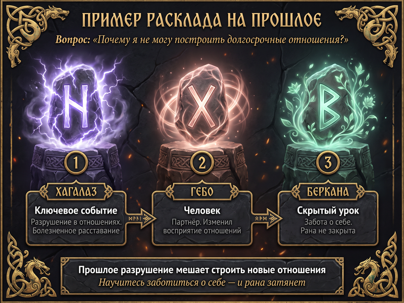 Пример расклада на прошлое с расшифровкой по позициям.