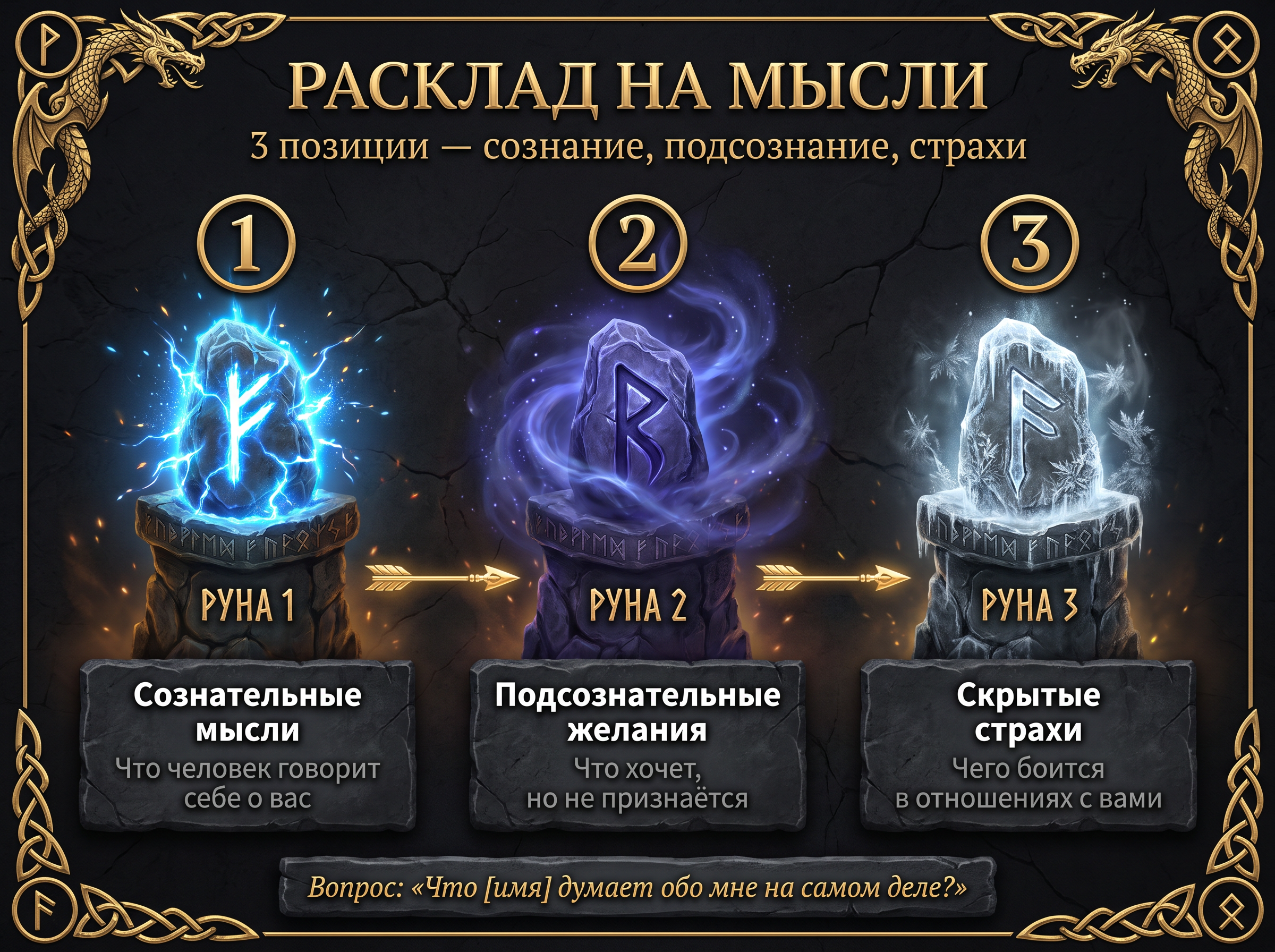 Схема расклада на мысли человека — 3 позиции.