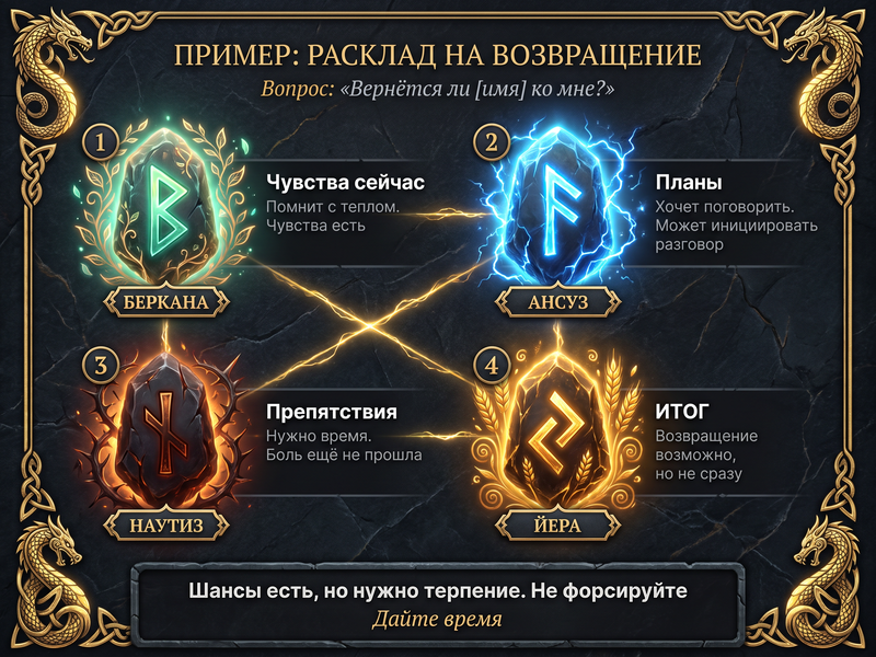 Пример расклада на возвращение с расшифровкой по позициям.