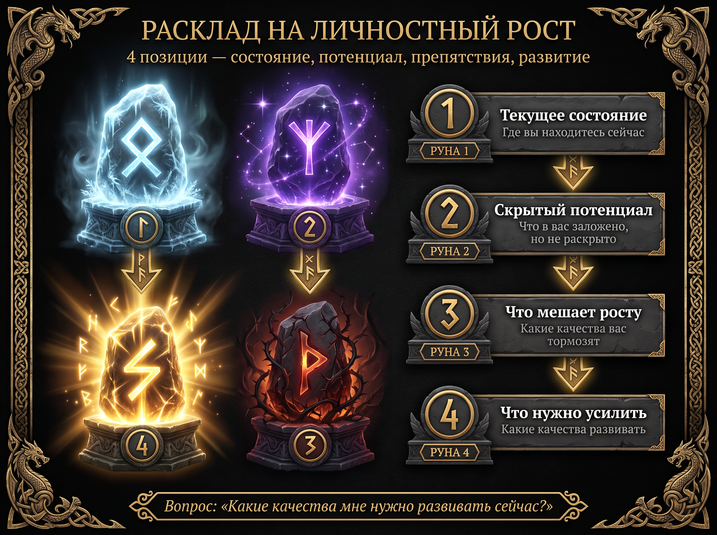 Схема расклада на личностный рост — 4 позиции.