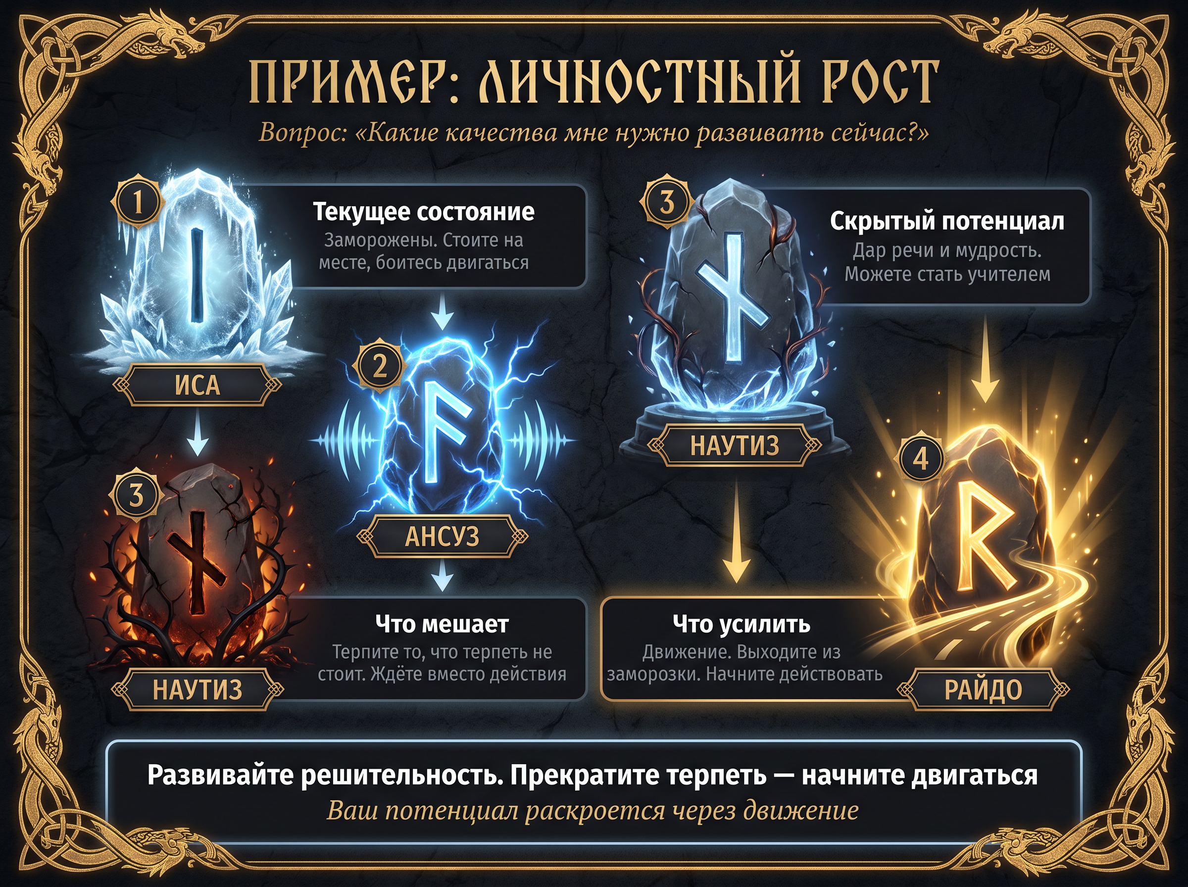 Пример расклада на личностный рост с расшифровкой по позициям.