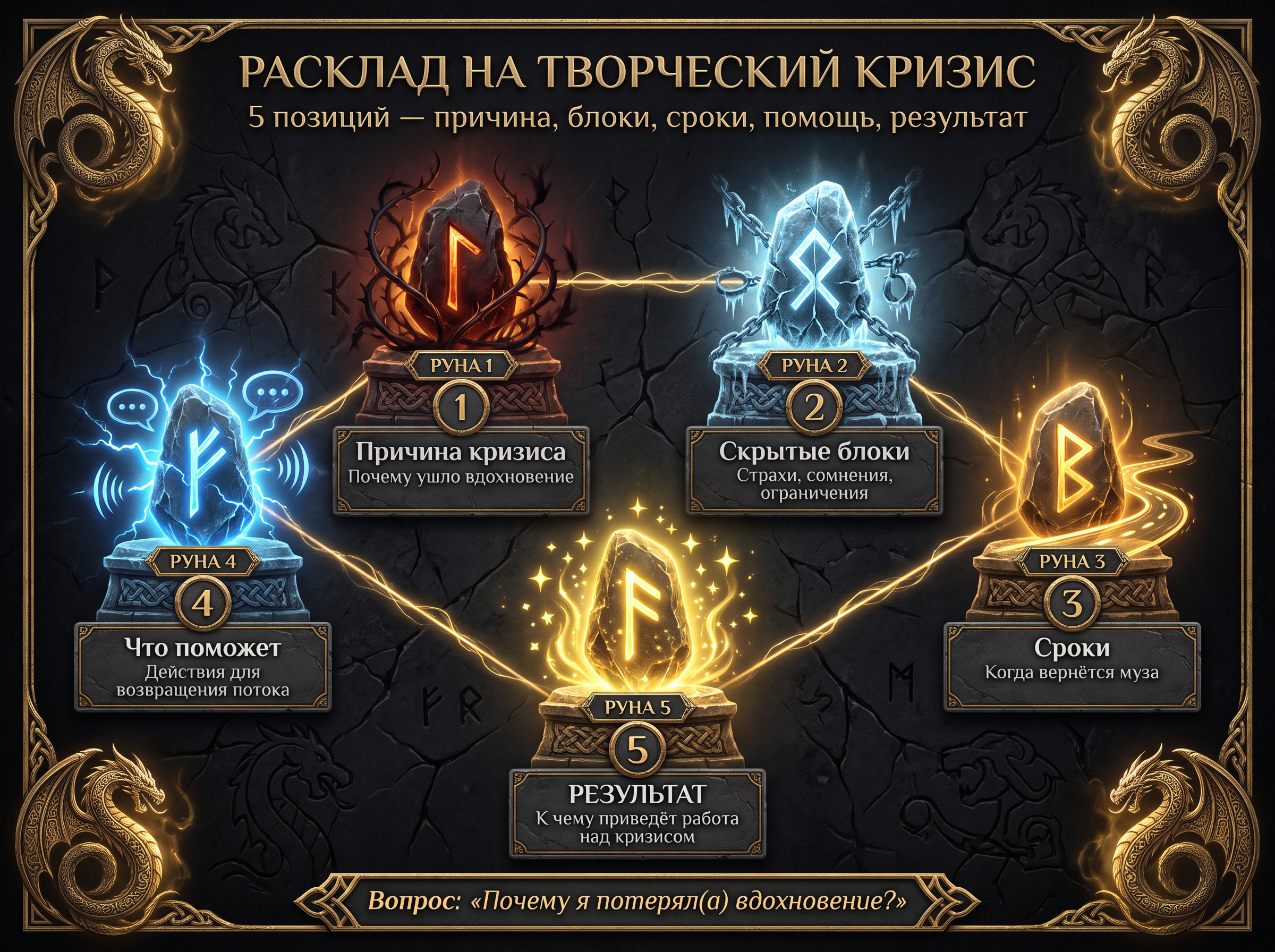 Схема расклада на творческий кризис — 5 позиций.