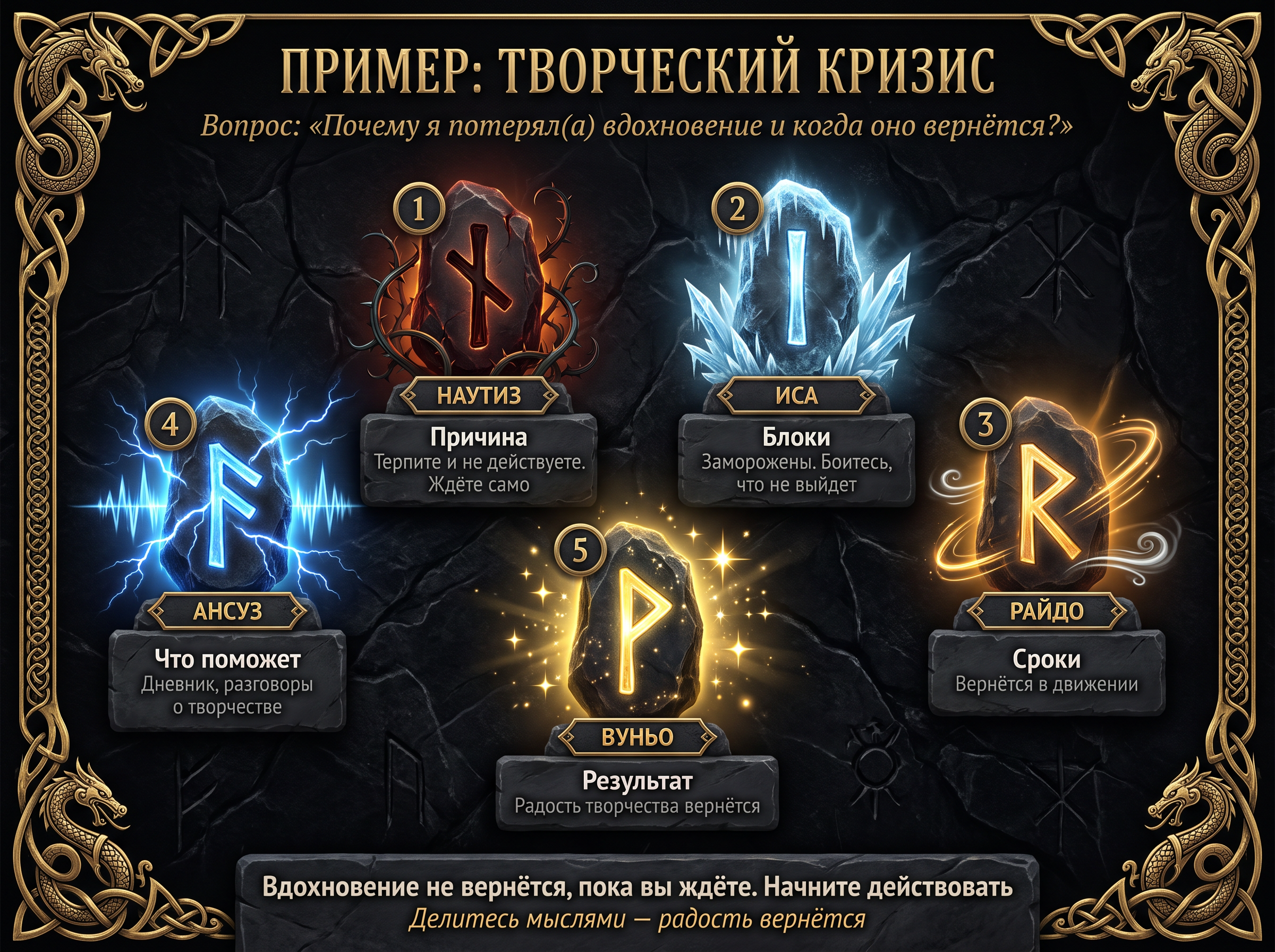 Пример расклада на творческий кризис с расшифровкой по позициям.