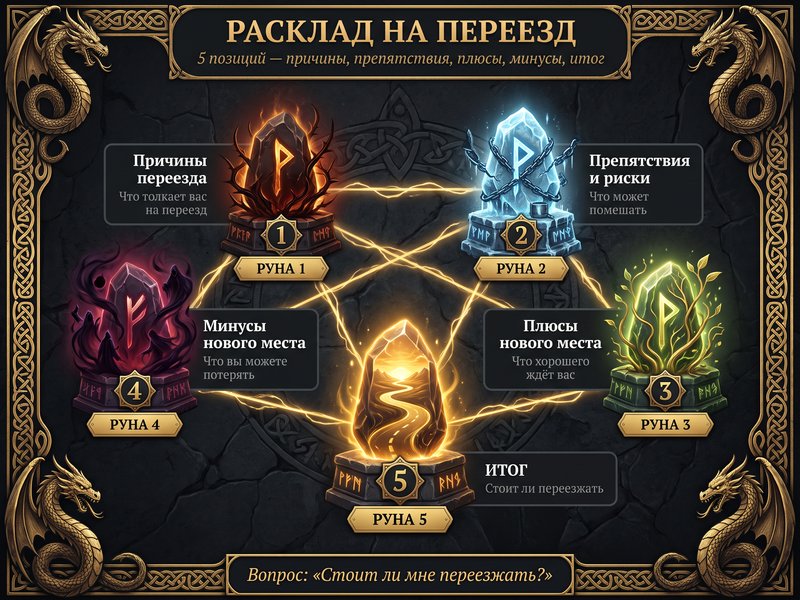 Схема расклада на переезд — 5 позиций.