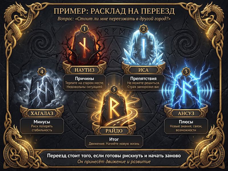 Пример расклада на переезд с расшифровкой по позициям.