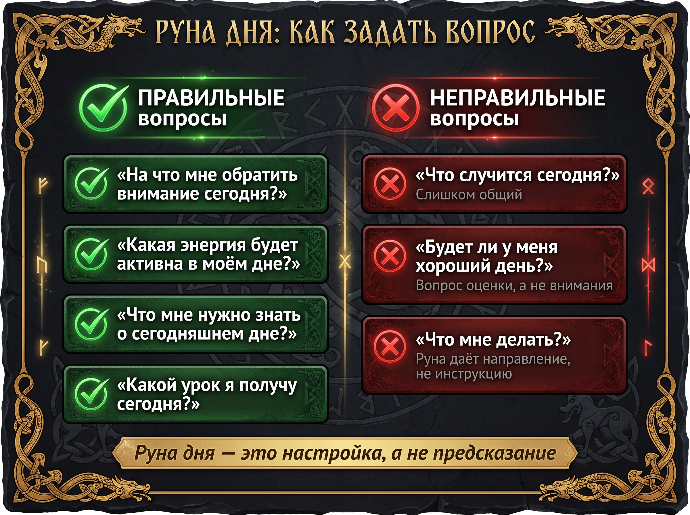 Схема правильных и неправильных вопросов для практики «руна дня».