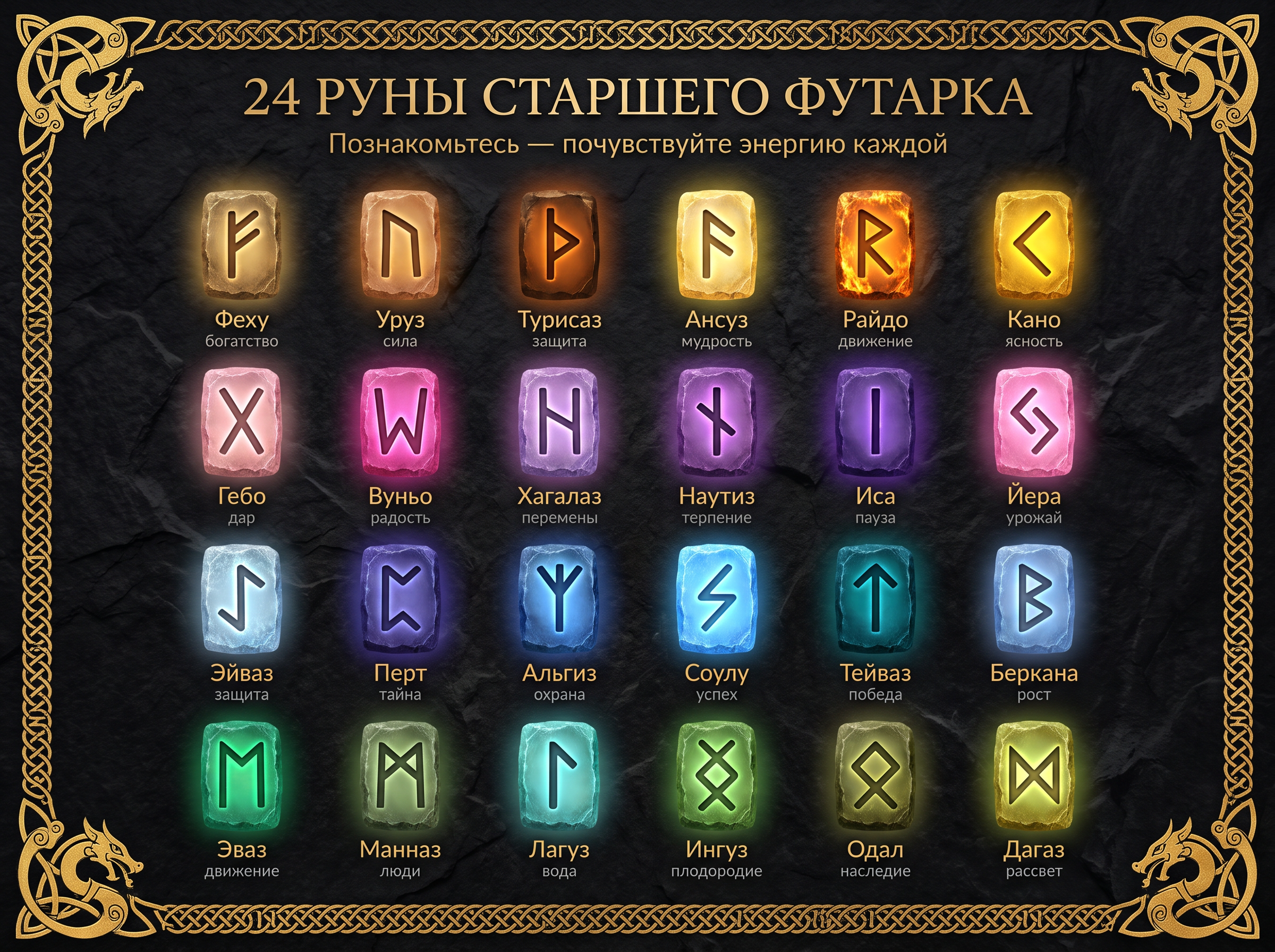 Изображение всех 24 рун Старшего Футарка для знакомства с рунами.