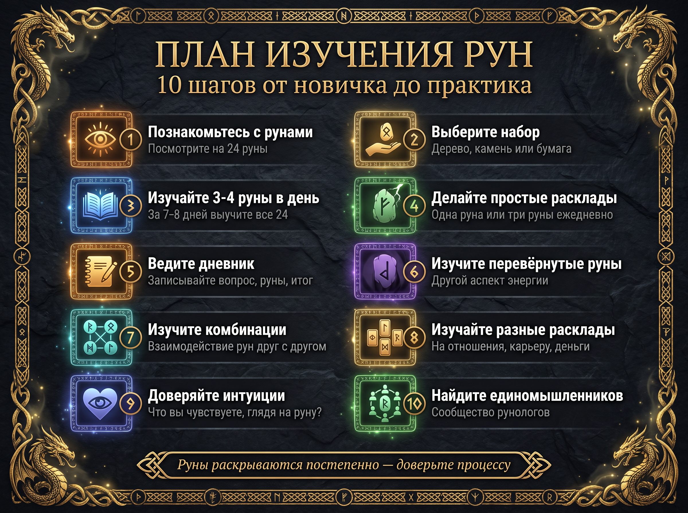 Пошаговый план изучения рун — 10 шагов с иконками.