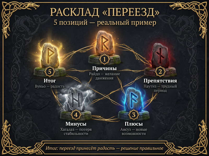 Схема расклада «Переезд» — 5 позиций.