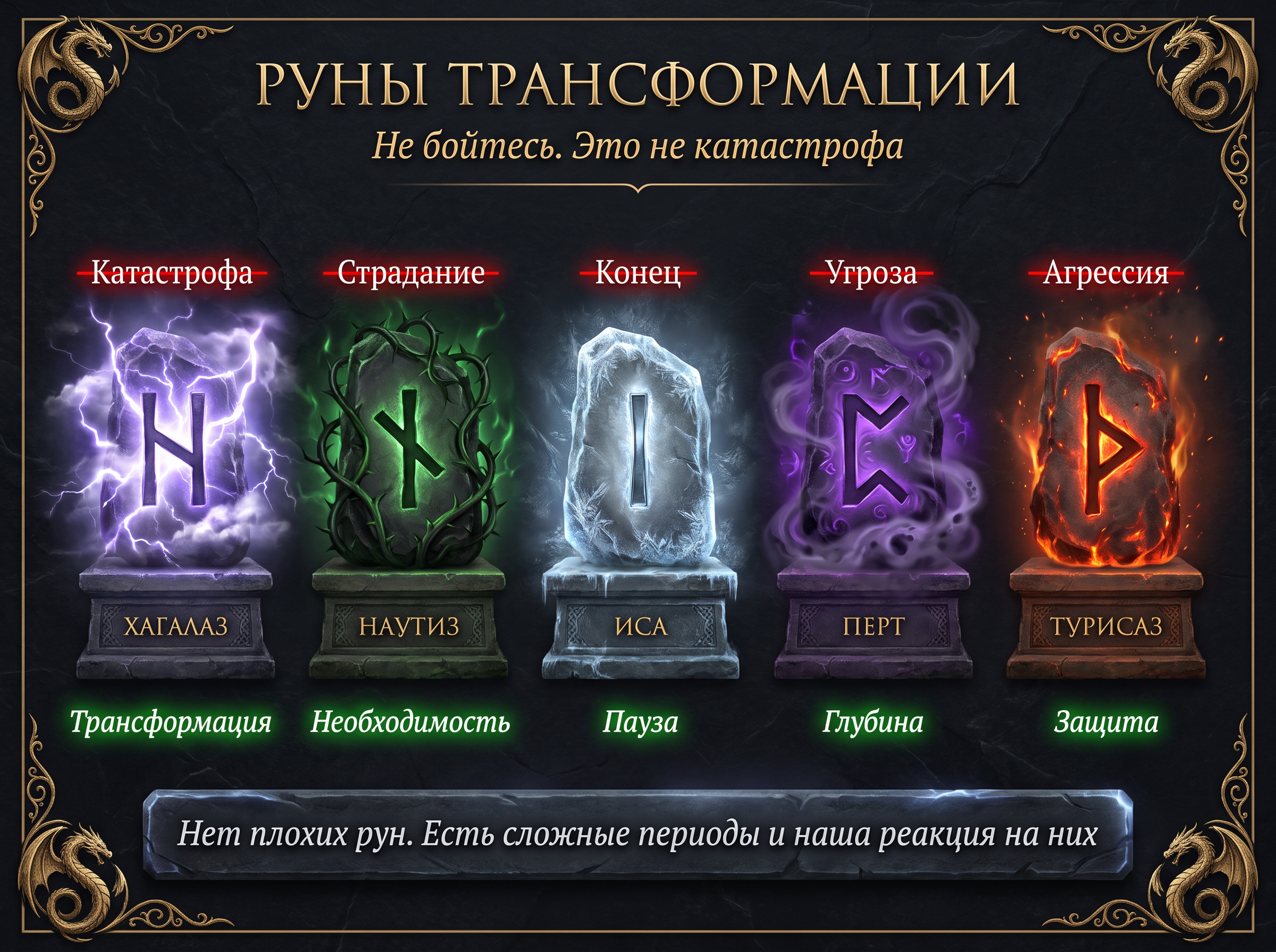 Руны Хагалаз, Наутиз, Иса, Перт, Турисаз — руны трансформации, а не катастрофы.