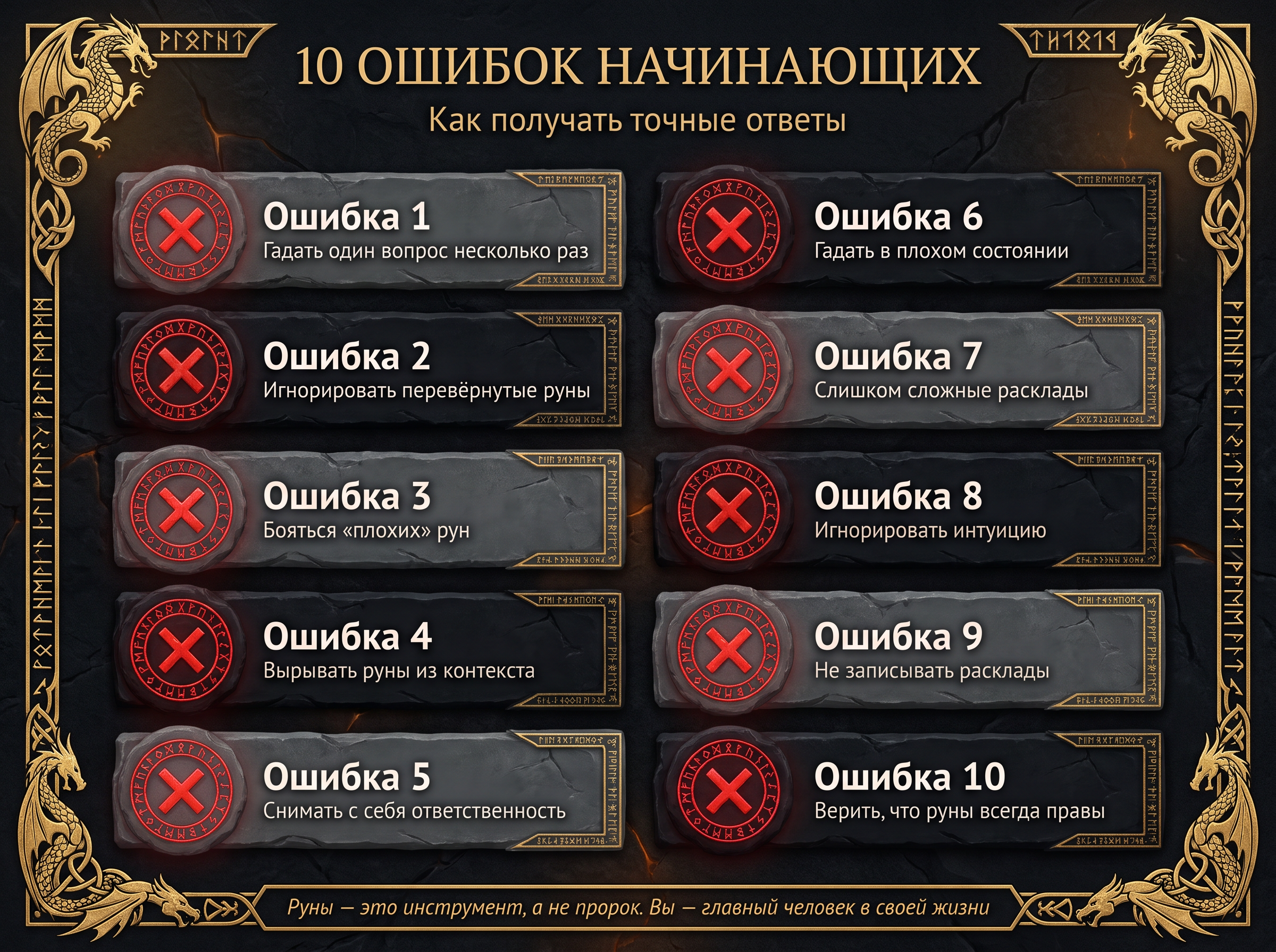 10 ошибок начинающих гадателей на рунах с краткими пояснениями.