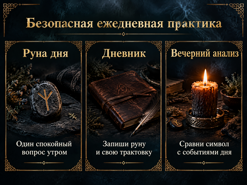 варианты безопасной ежедневной практики — руна дня, дневник, вечерний анализ