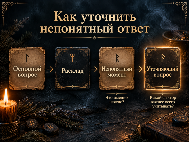 схема «основной вопрос → расклад → непонятный момент → уточняющий вопрос
