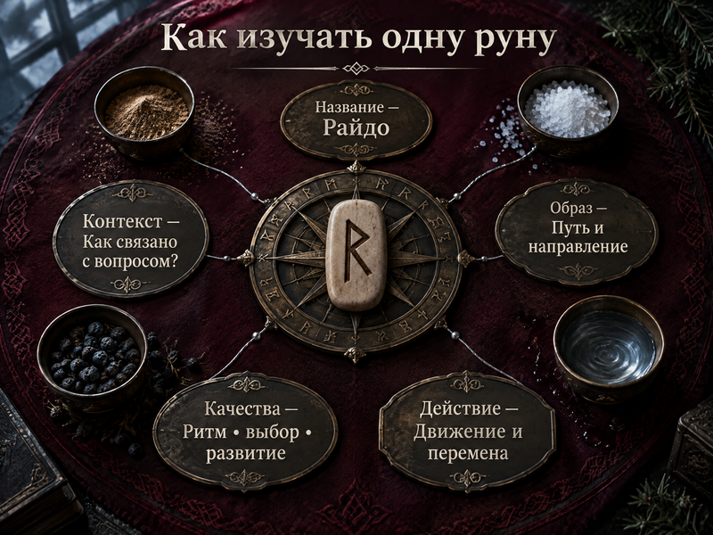 схема самостоятельного изучения руны — название, образ, действие, качества, контекст