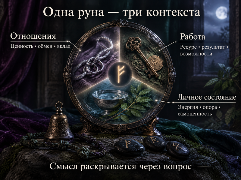 одна руна в трёх контекстах — отношения, работа, личное состояние