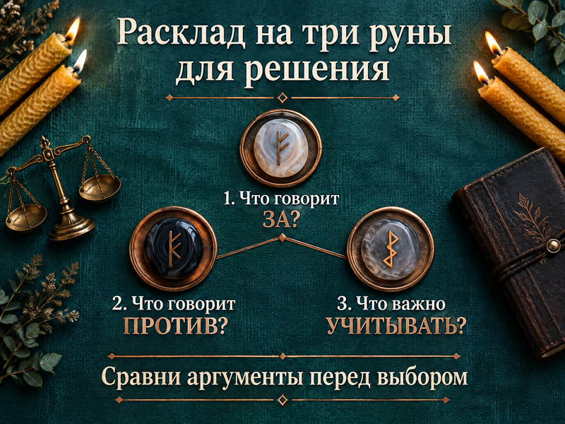 схема трёхрунного расклада «за — против — что учитывать»